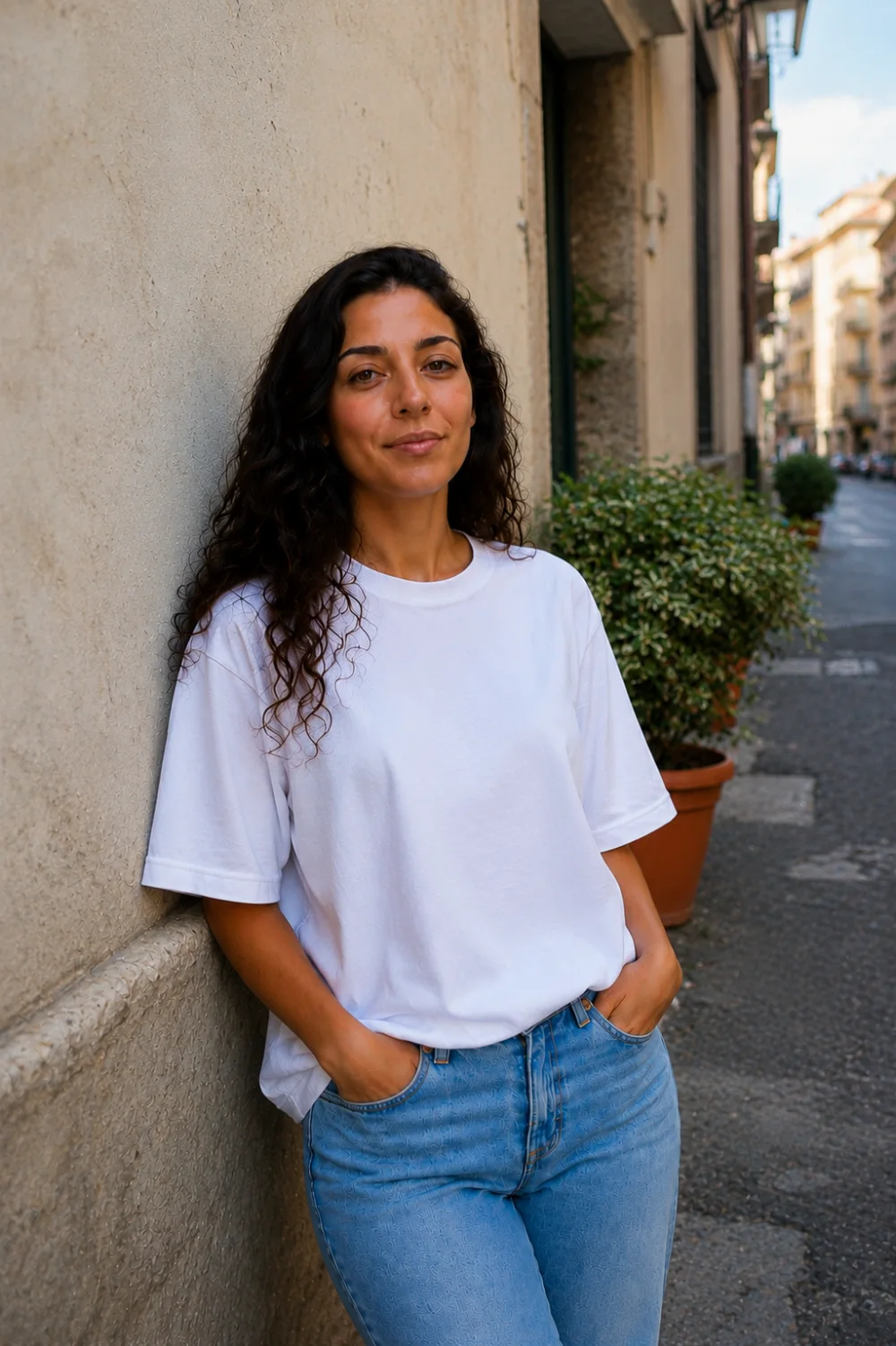 Foto prodotto statica: donna con t-shirt bianca in strada