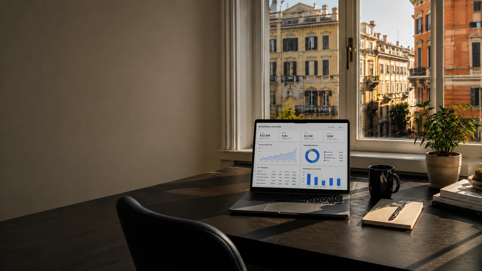 Workstation con laptop e dashboard marketing affacciata su un palazzo