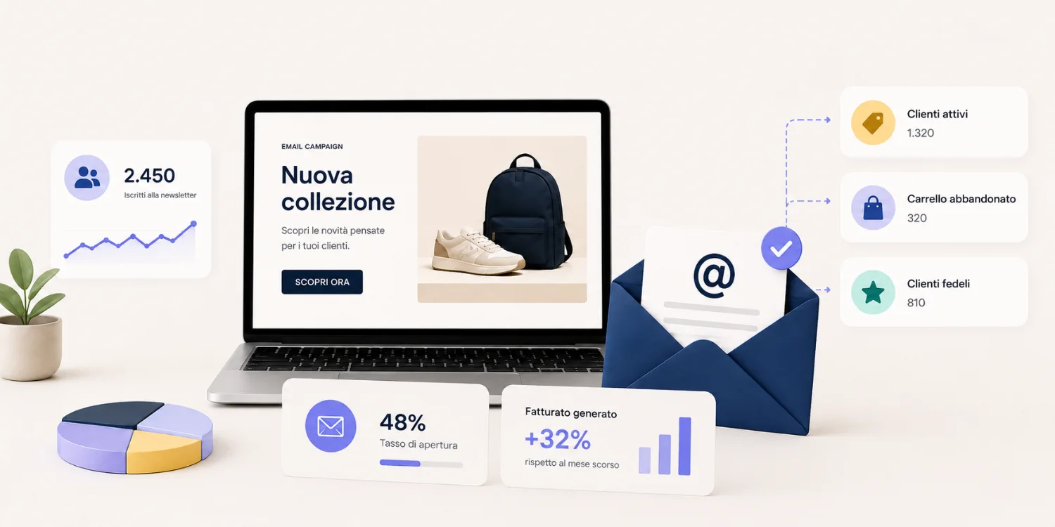 Campagna email marketing su laptop con metriche