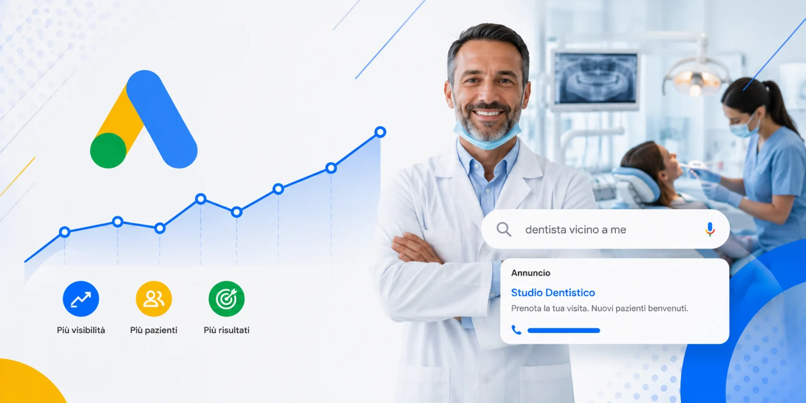 Dentista davanti allo studio con una ricerca su Google per dentista vicino a me e l'annuncio dello studio in evidenza