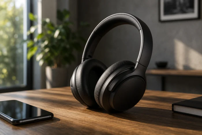 Cuffie wireless su scrivania in legno