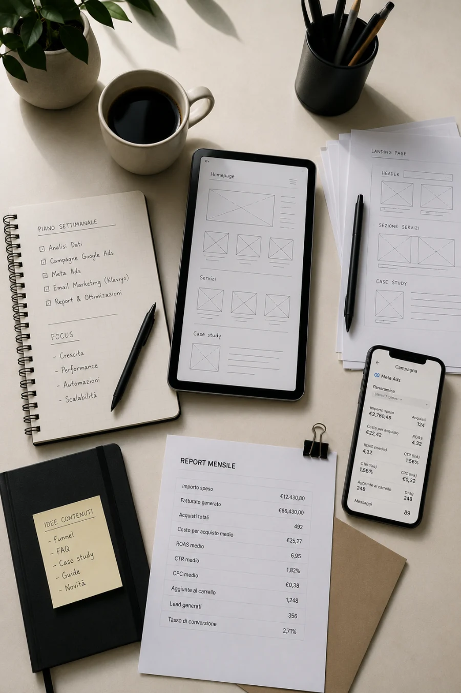 Postazione di lavoro con report marketing e wireframe